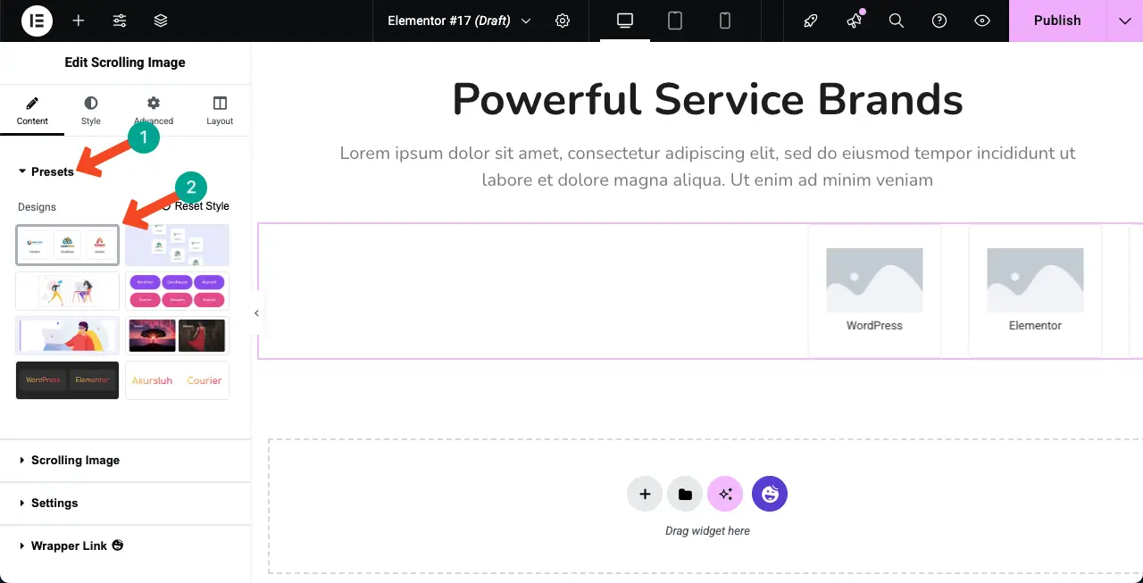 How to Create an Auto Scrolling Image Gallery in WordPress with Elementor 6 Select a Preset for the Scrolling Image Widget