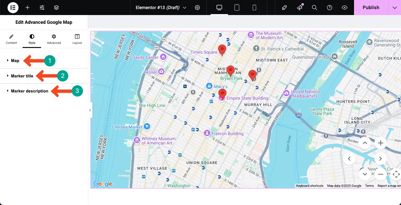 How to Make a Google Map with Multiple Pins in WordPress 21 Stylize the other options of the Advanced Google Map widget