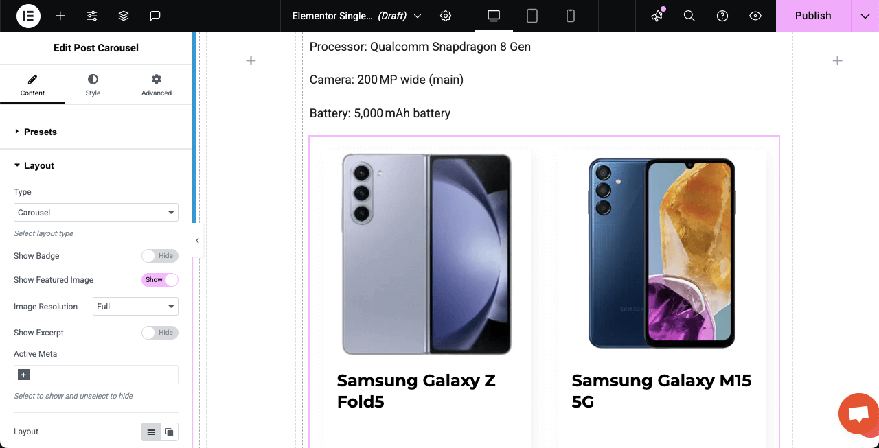 How to Create a Dynamic Web Page in WordPress with Elementor 33 The post carousel widget is added