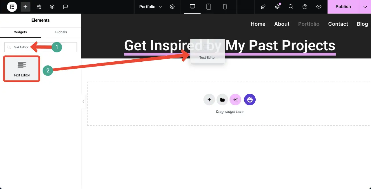 Add the Text Editor widget to the portfolio page