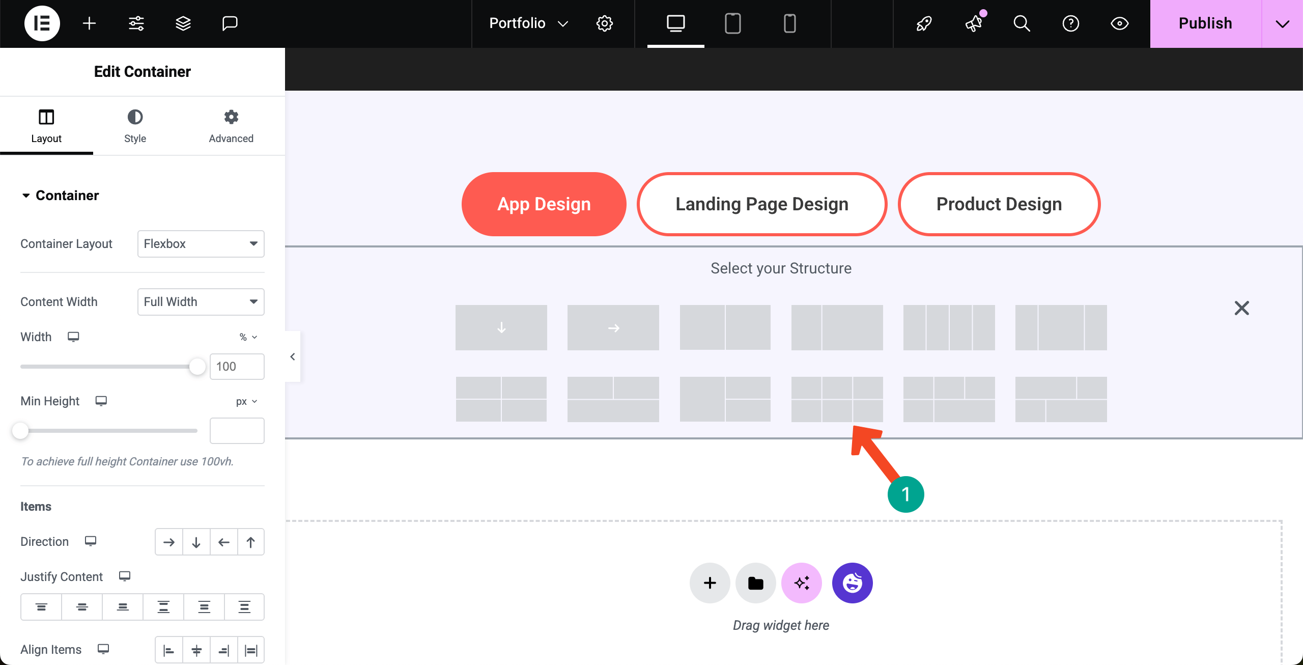 Select a column structure for the portfolio page