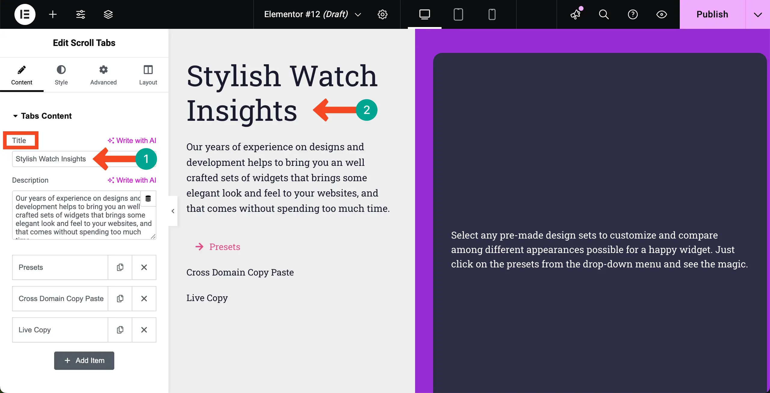 Add a Title to the Scroll Tabs widget