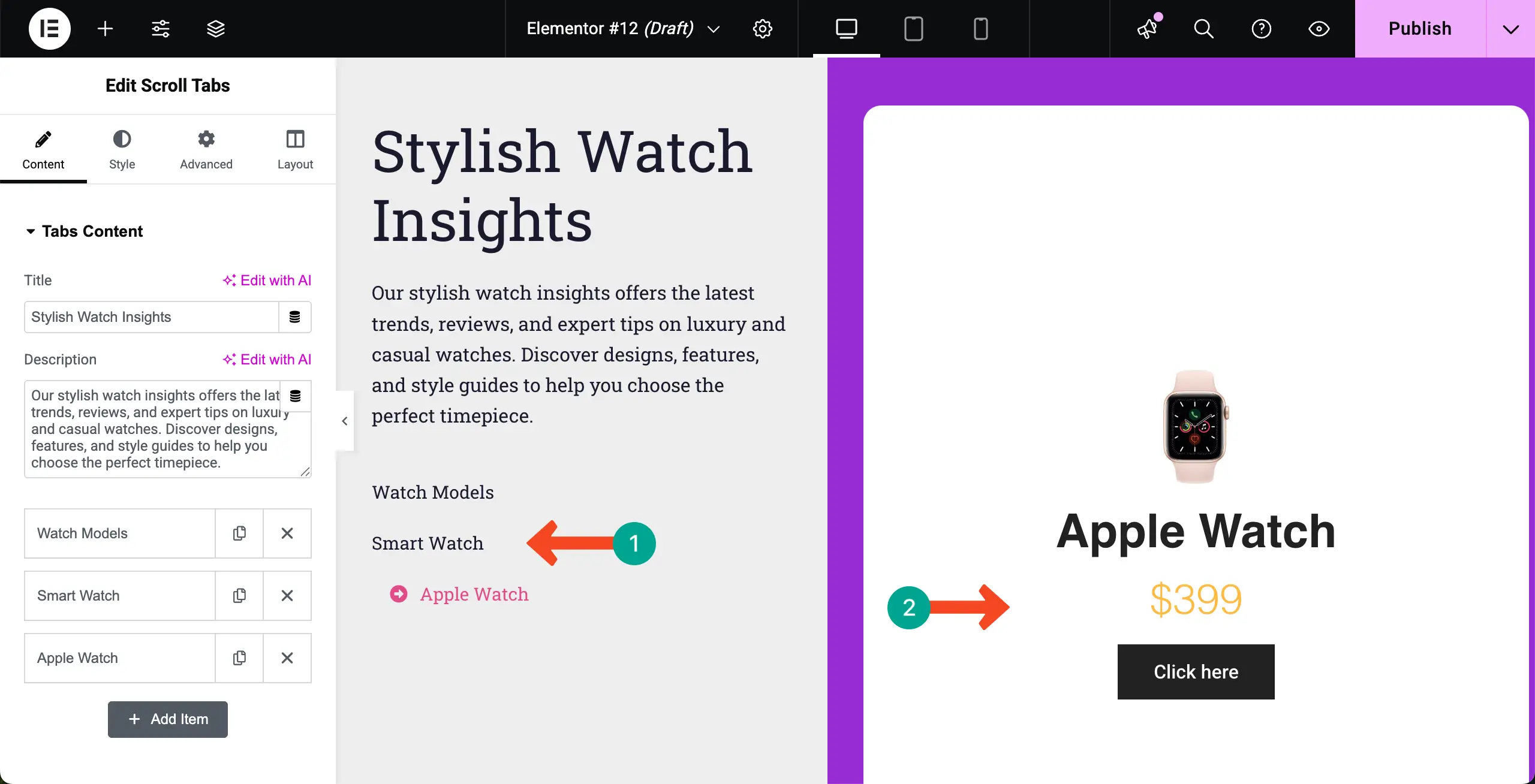 Add content to all tabs fo the Scroll Tabs widget