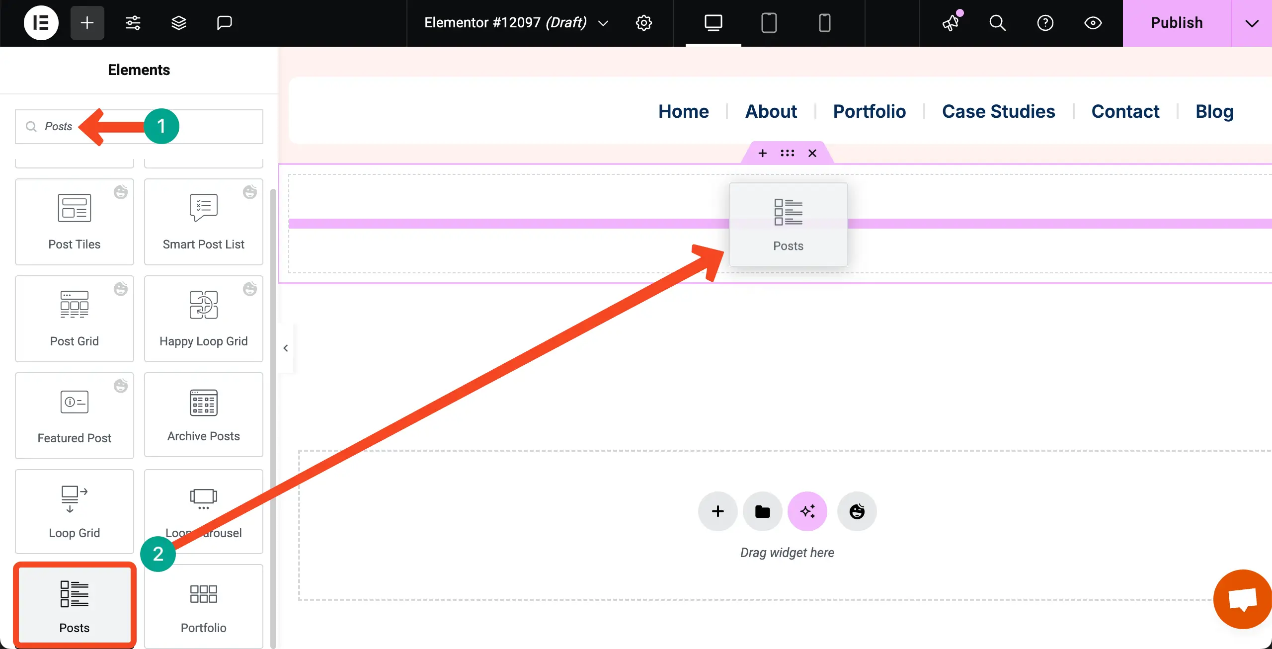 Drag and Drop the Posts Widget to Your Container