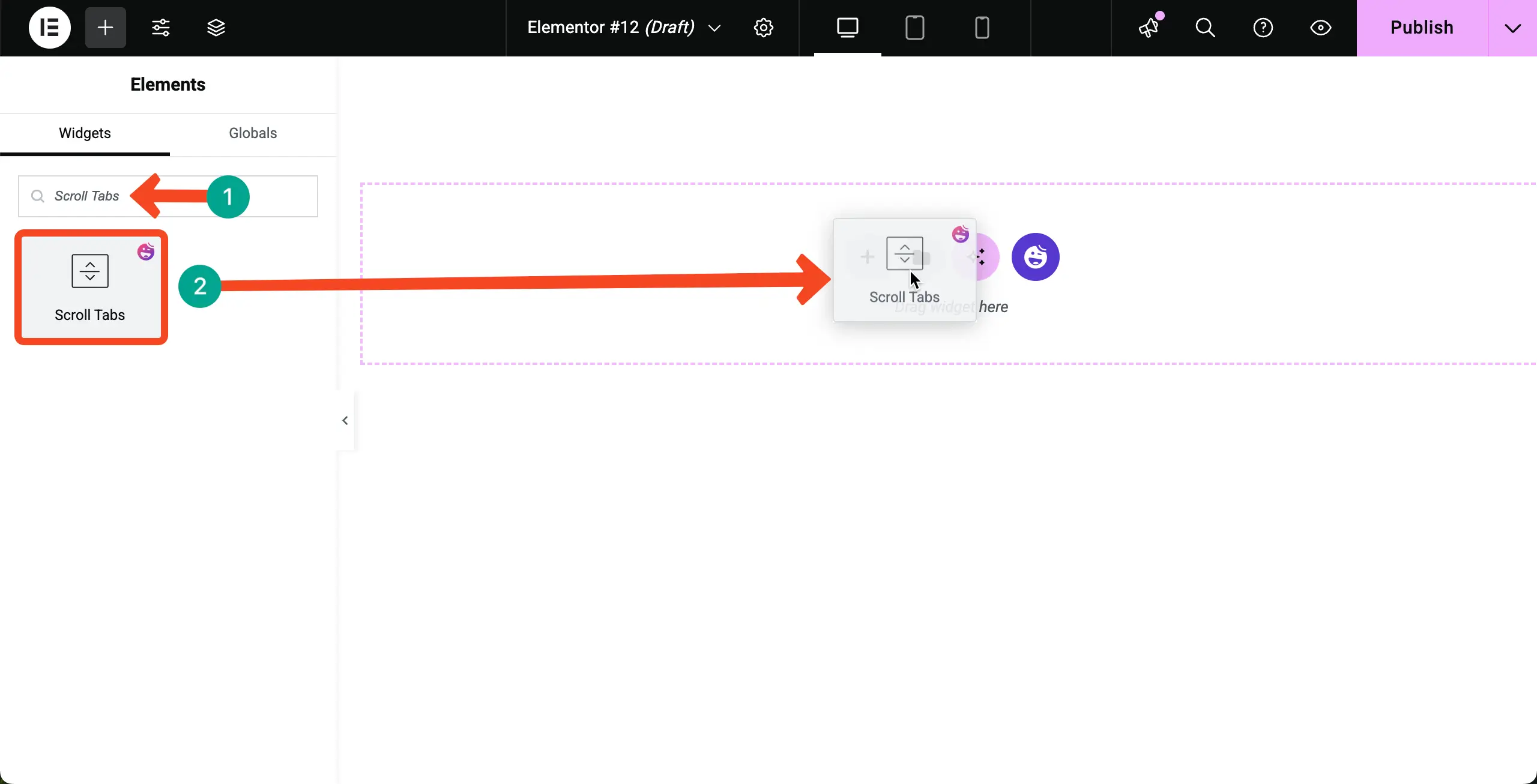 Drag and Drop the Scroll Tabs Widget on the Canvas
