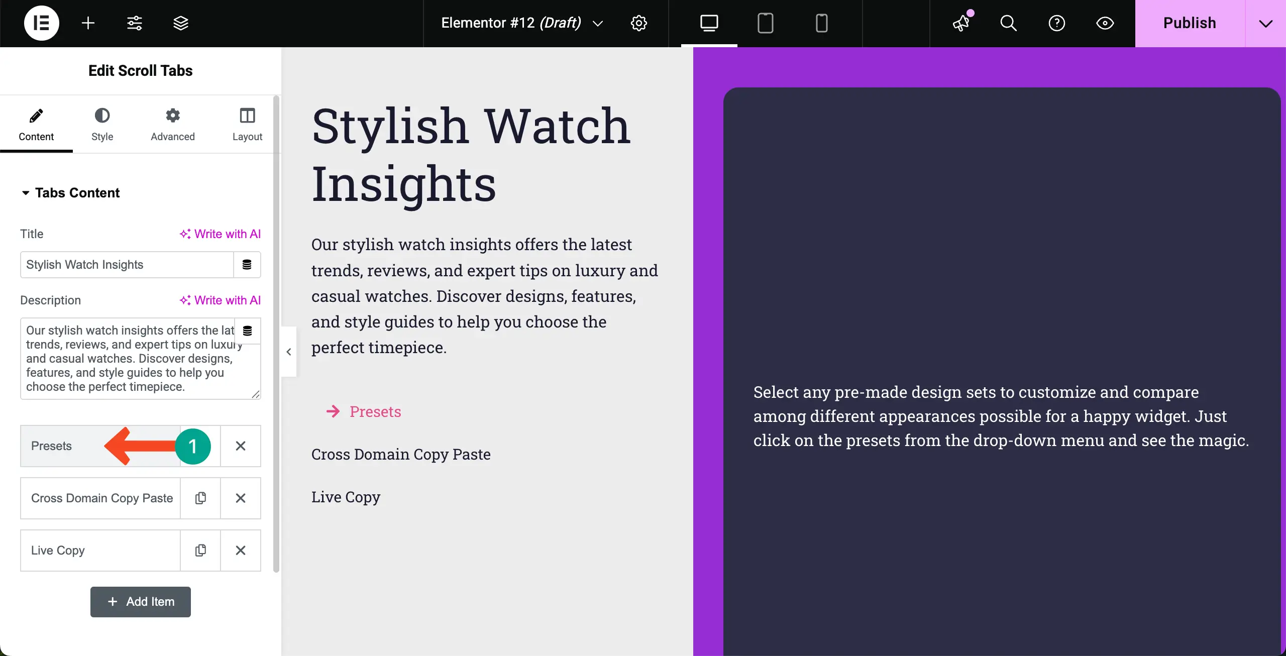 Expand a tab of the Scroll Tabs widget