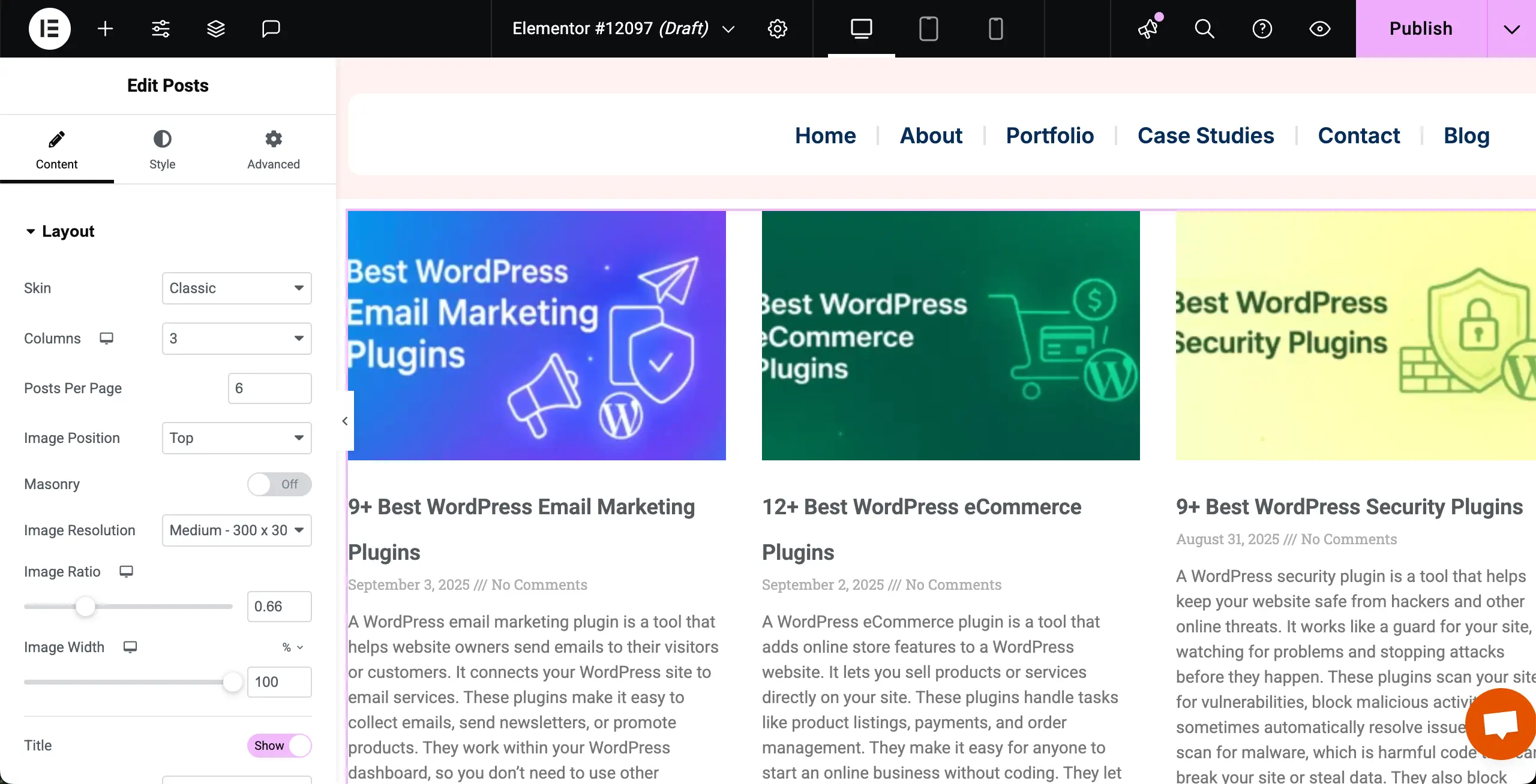 Posts widget is added to the Elementor Canvas