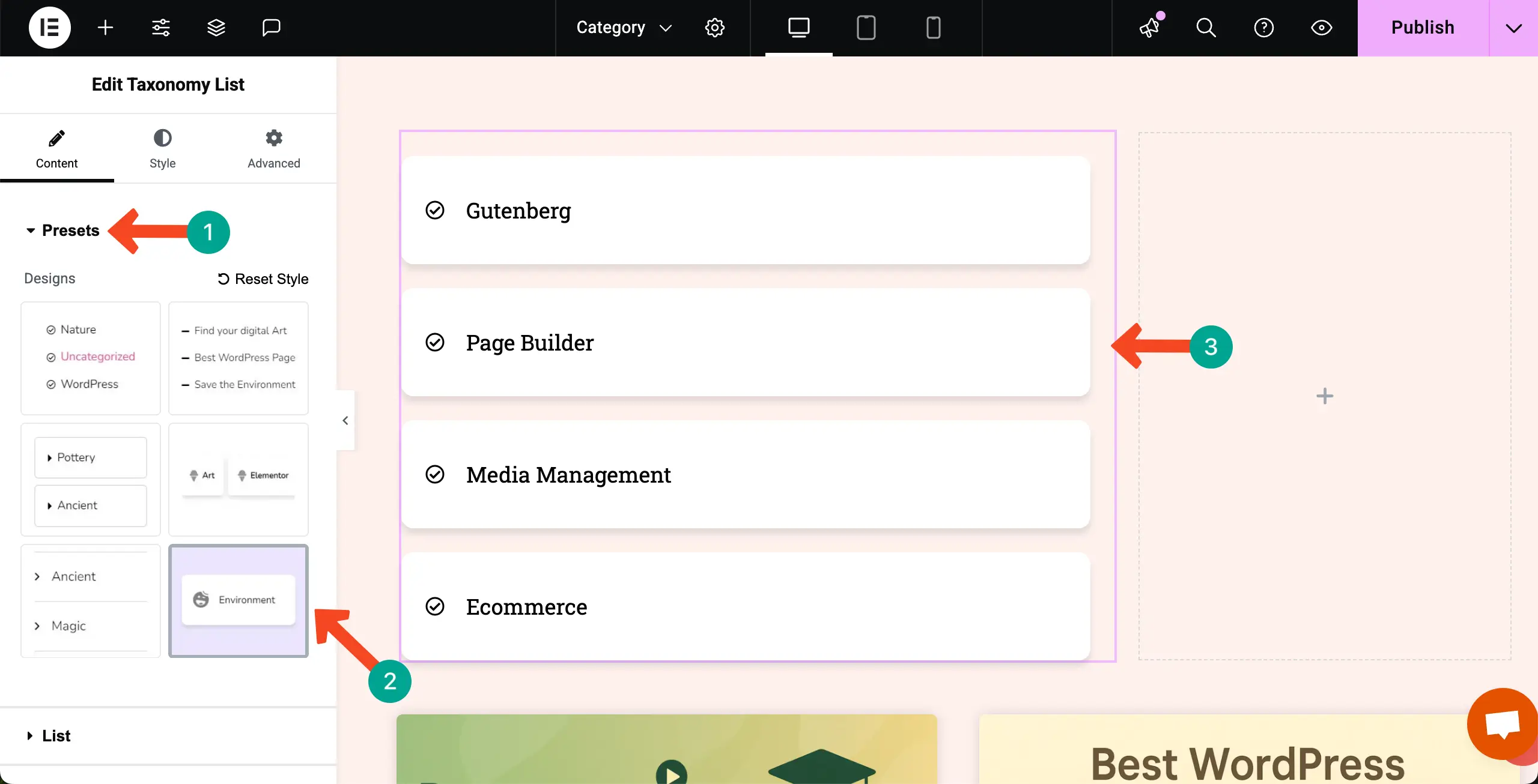 Select a preset for the categories