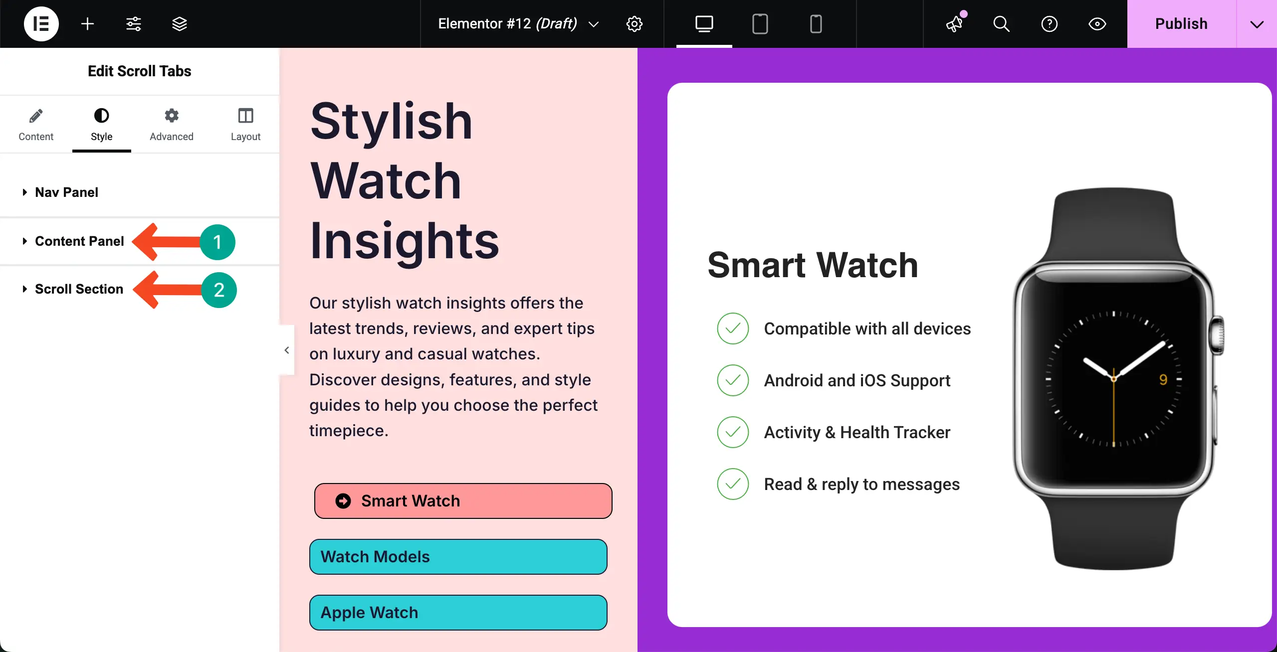 Stylize content panel and scroll section