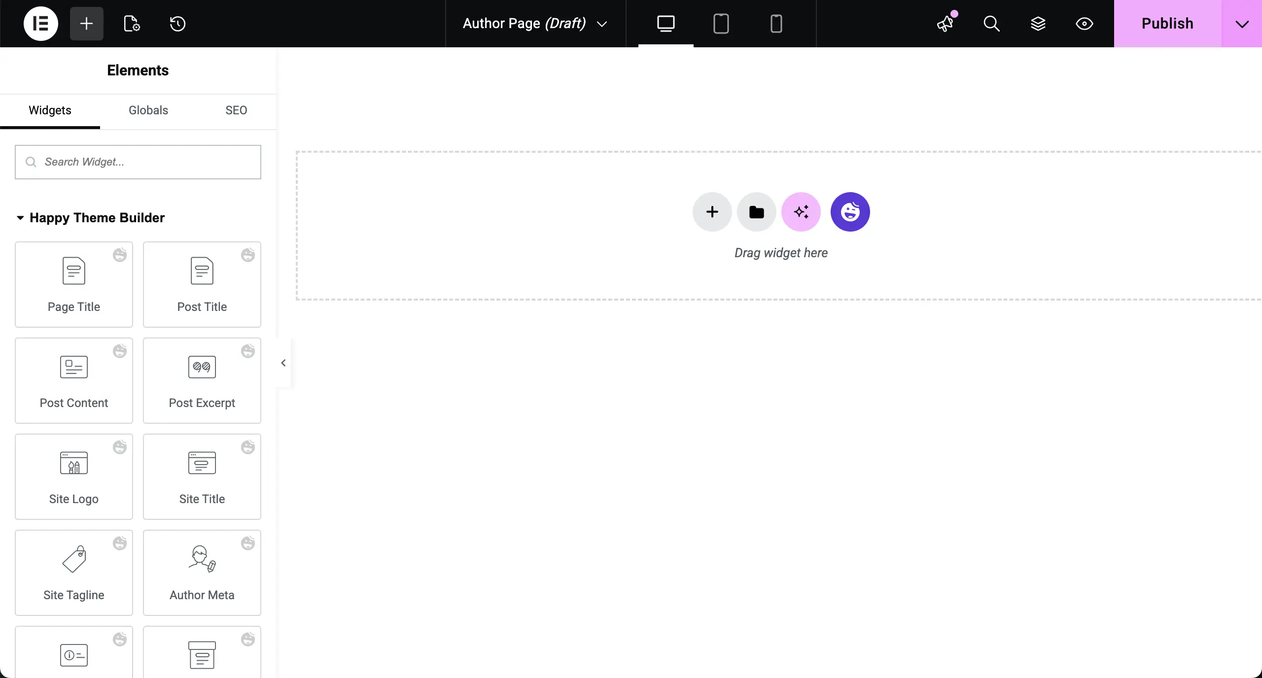 Elementor canvas is opened for the author archive page