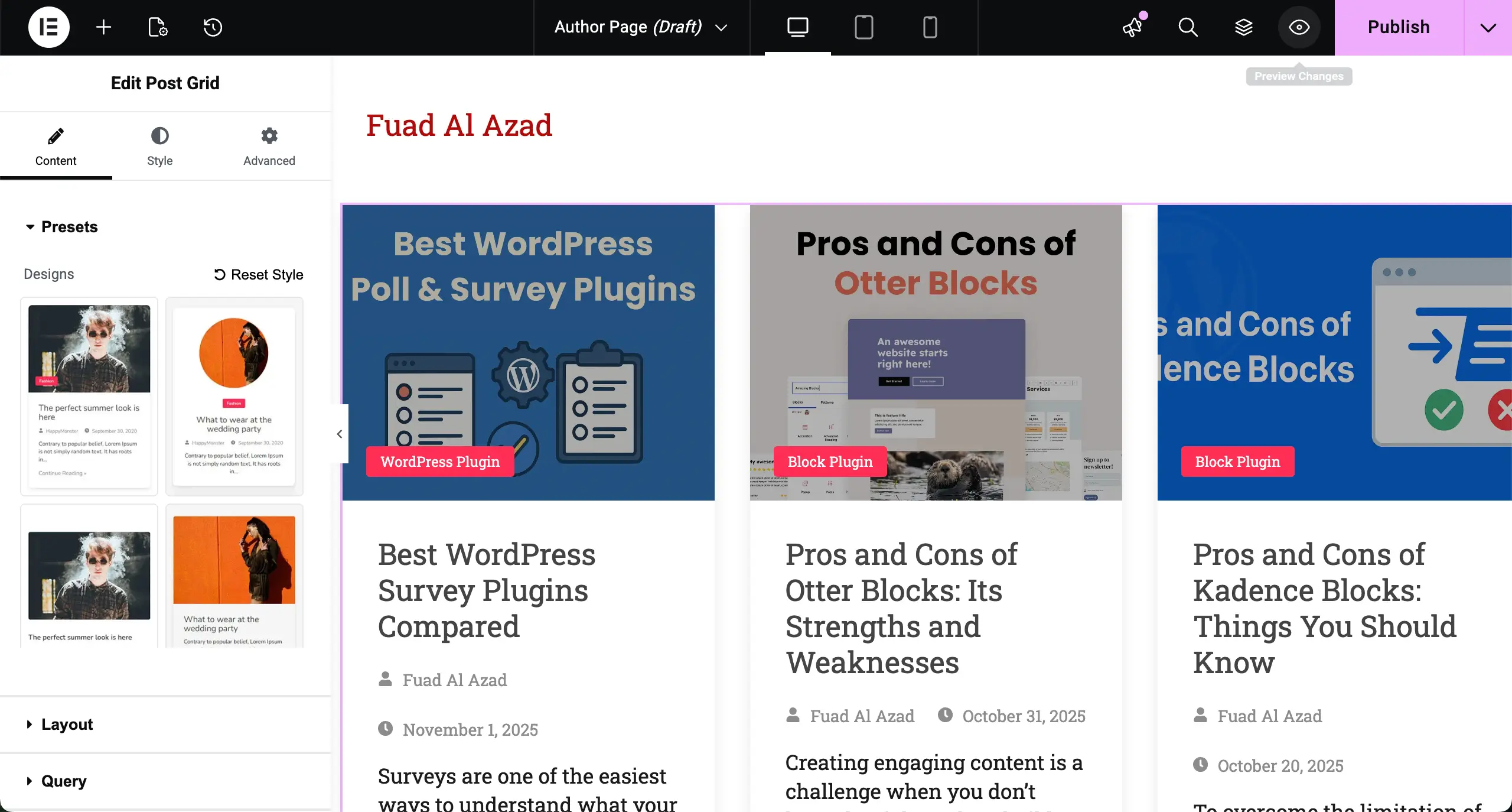 The post grid is added to the Elementor Canvas