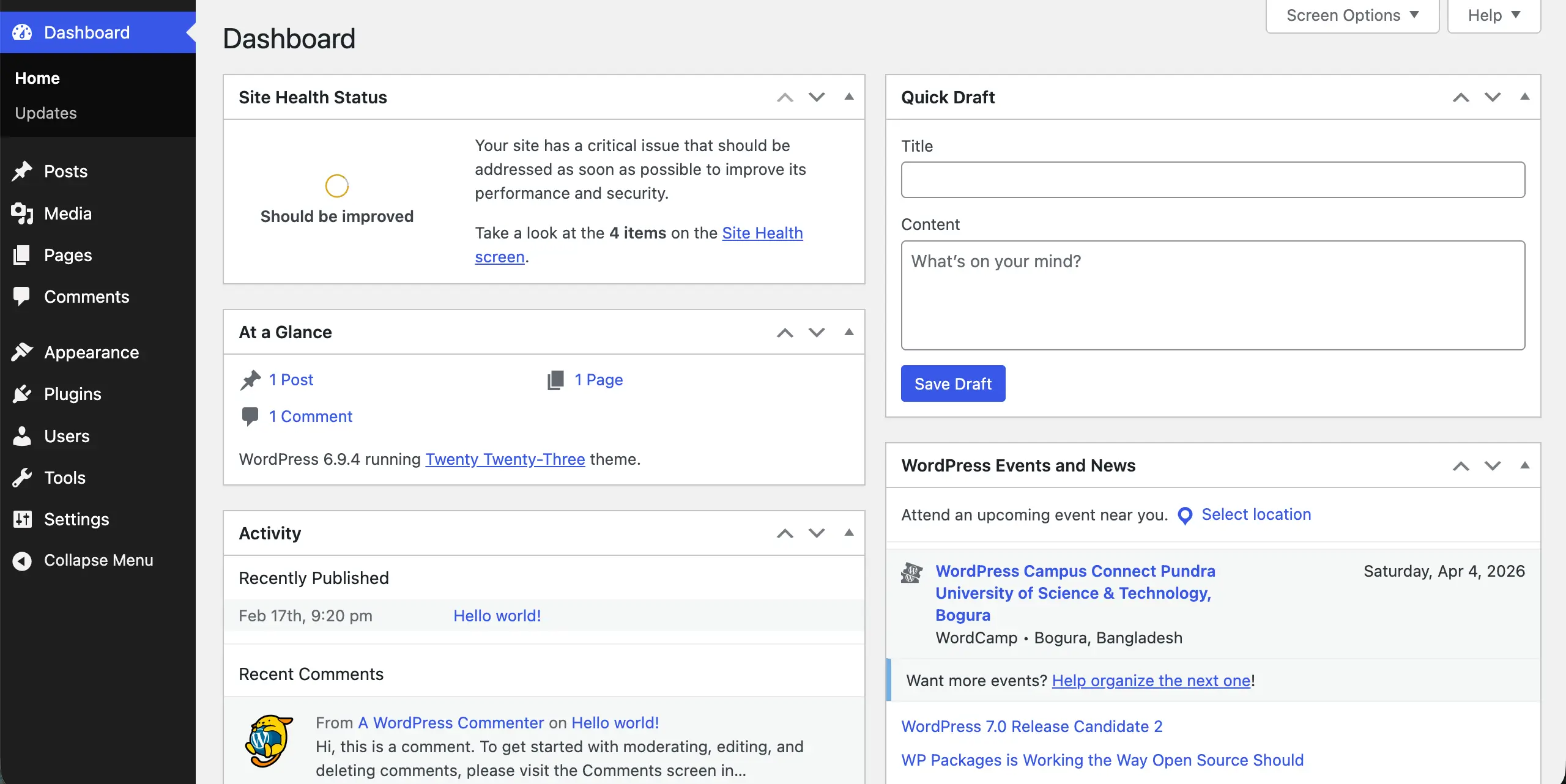 WordPress dashboard