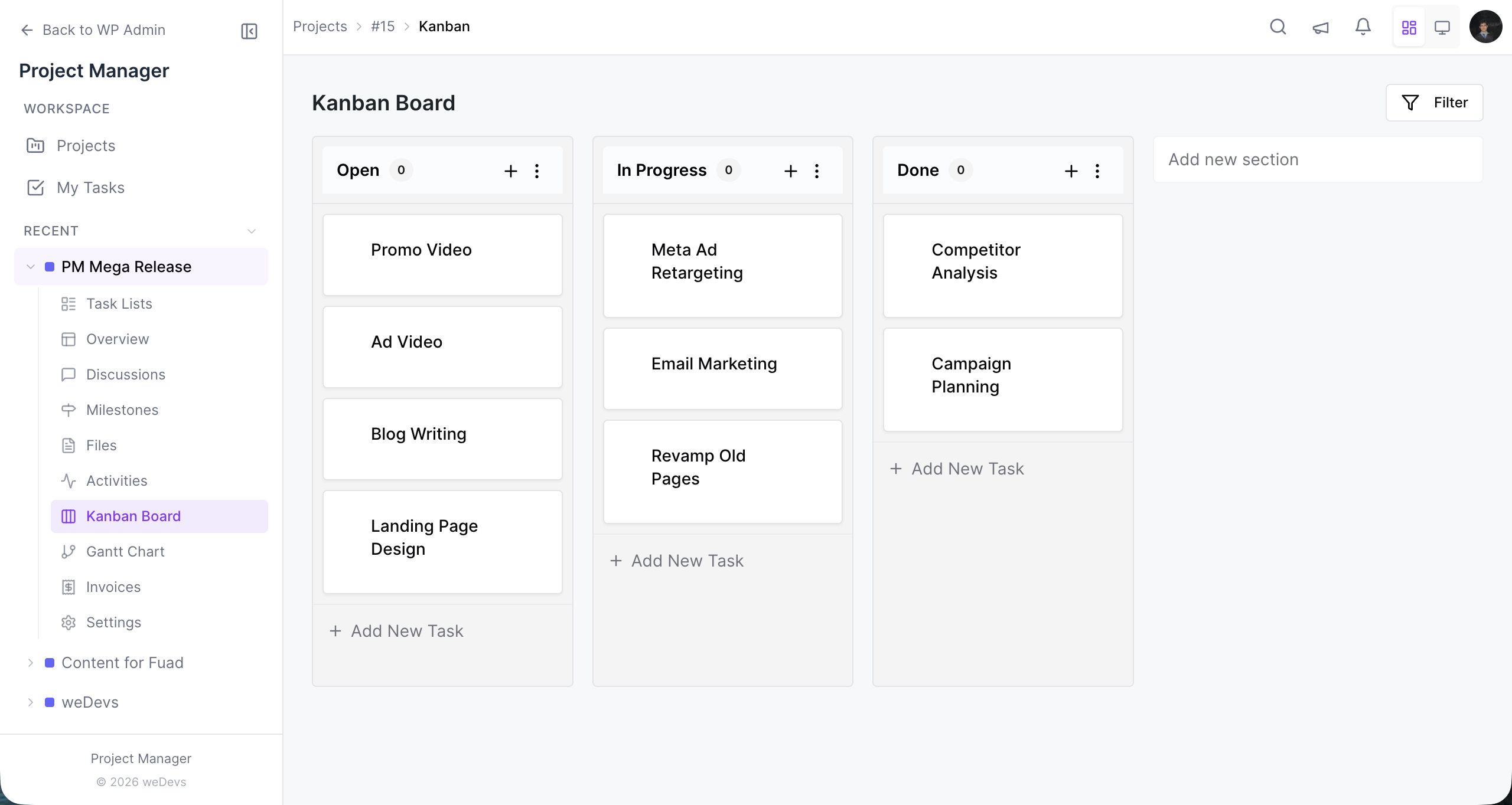 wp Project manager Kanban Board