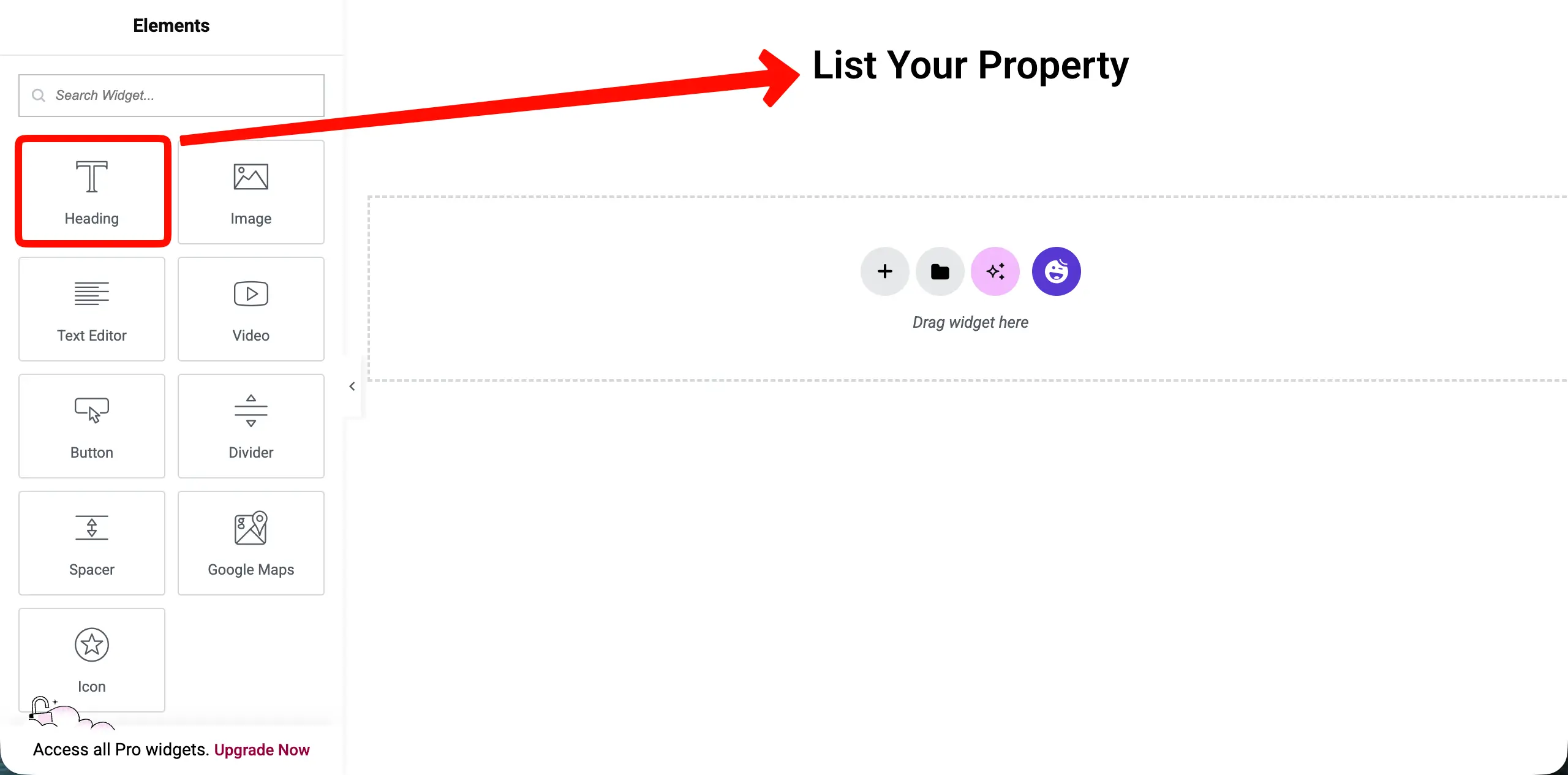 Add a heading widget for the listing page