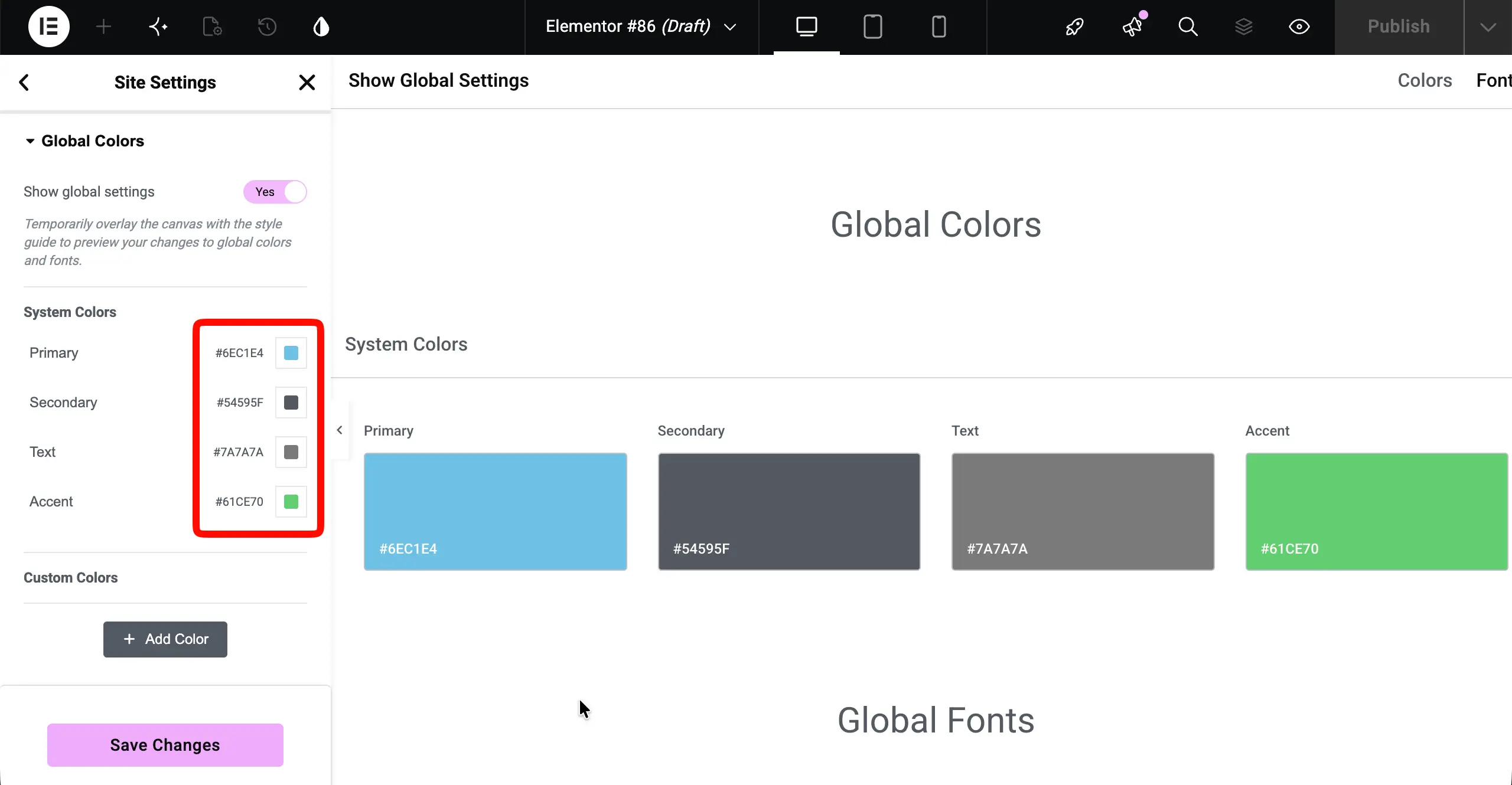 Configure various colors for the global settings
