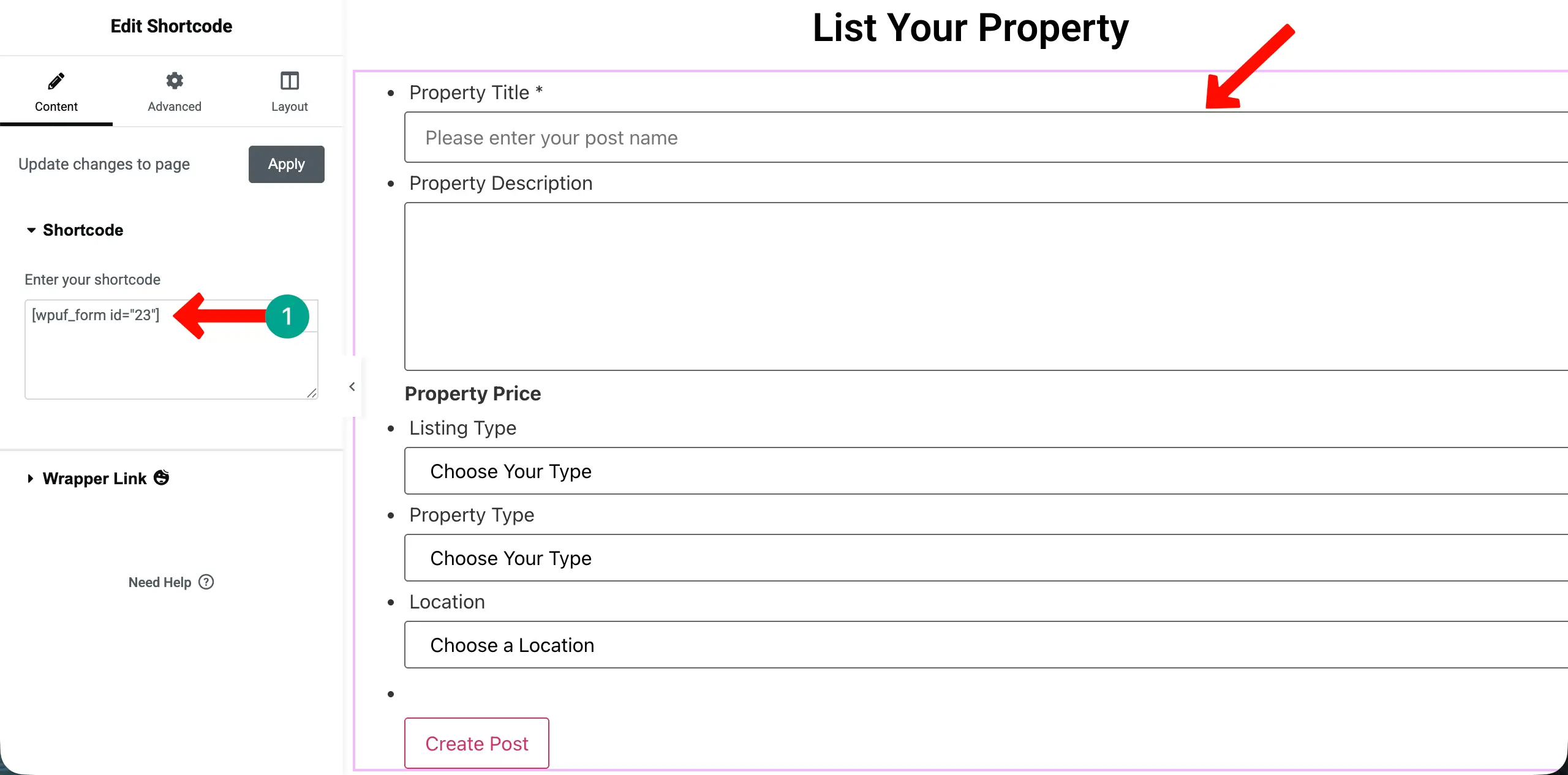 Display the form on Elementor you create with WP User Frontend