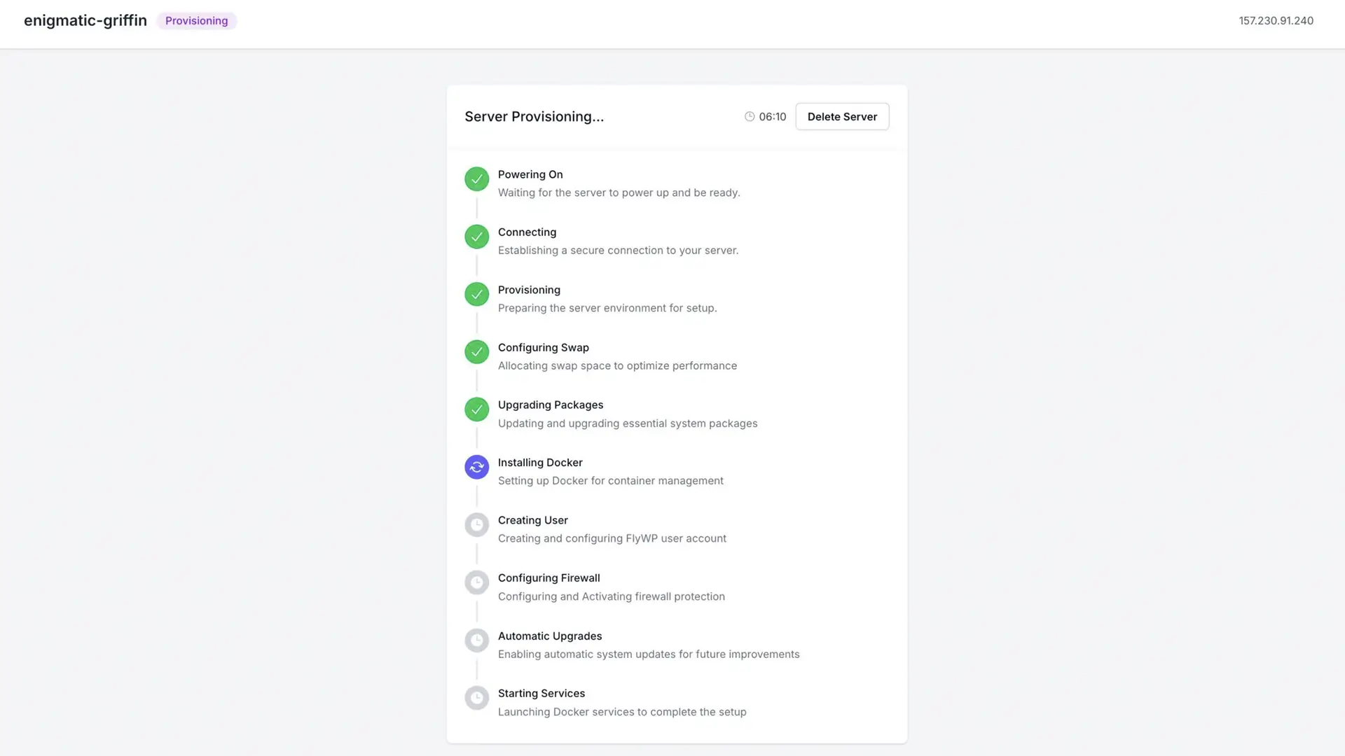 Your server is being created on FlyWP