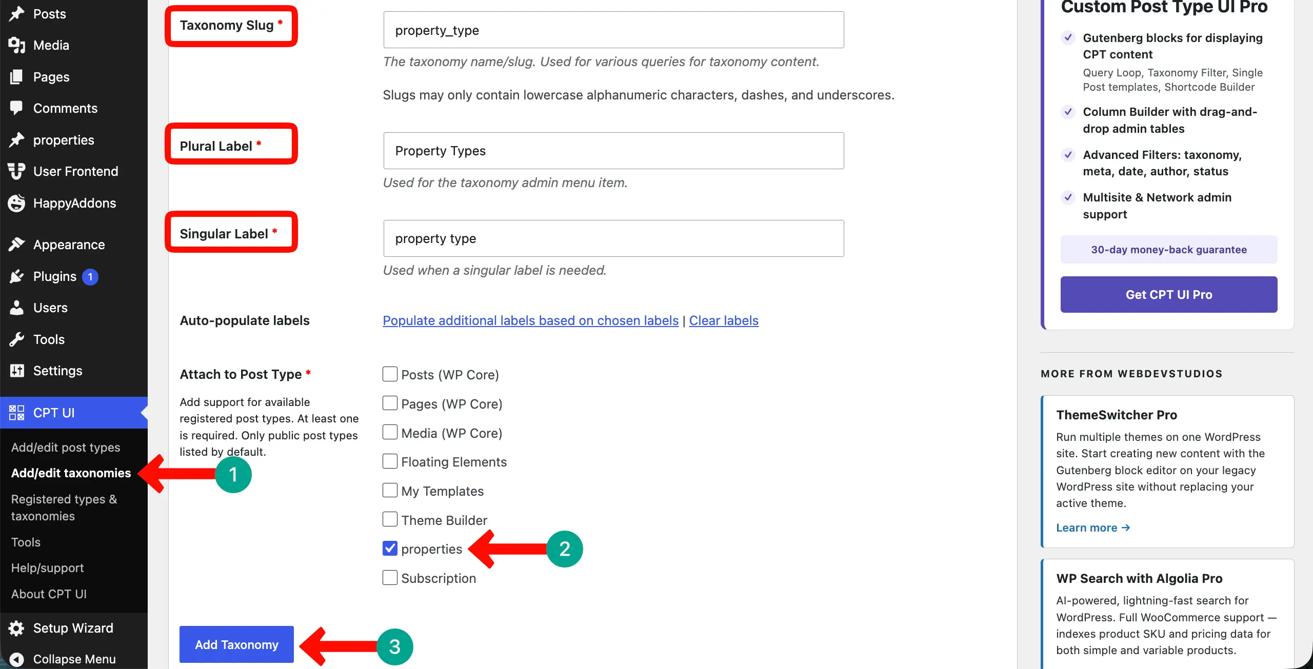 add taxonomies to the properties