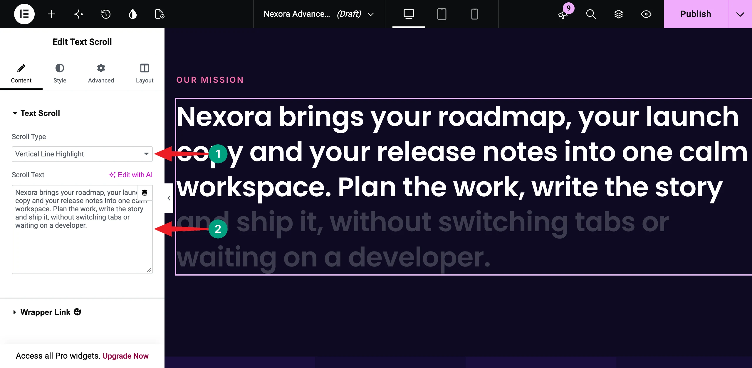 How to Build Advanced Elementor Layouts Without Custom CSS 11 Add your text and choose a scroll type
