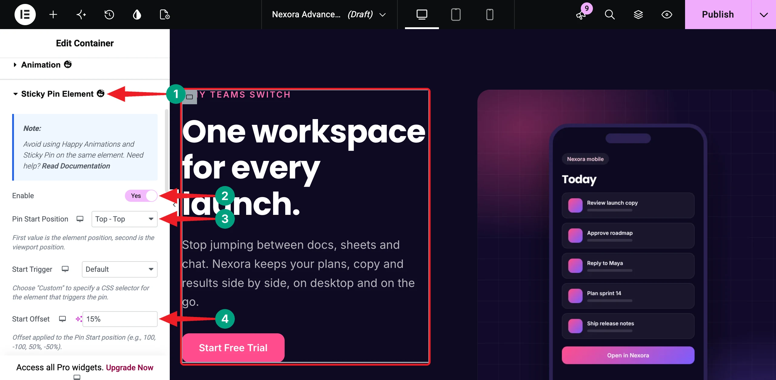 How to Build Advanced Elementor Layouts Without Custom CSS 17 Enable Sticky Pin Element on the left column