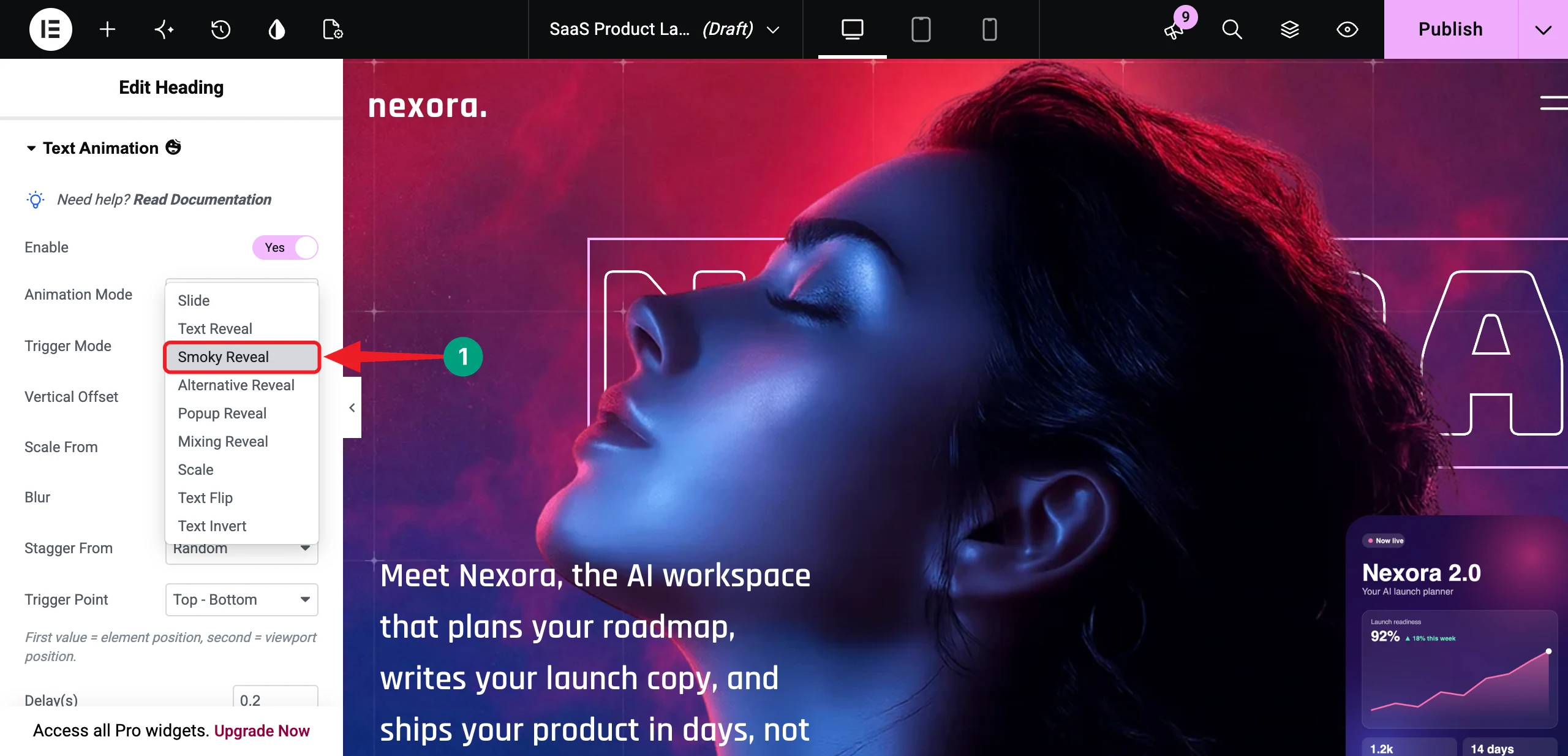 How to Build a Modern Animated Hero Section with Elementor GSAP 14 Select Smoky Reveal as the animation mode