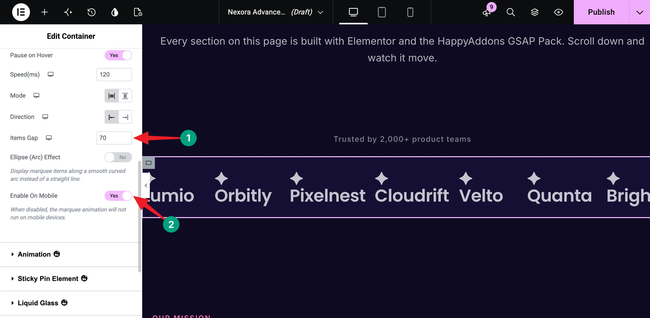 How to Build Advanced Elementor Layouts Without Custom CSS 9 Set the items gap and enable Marquee on mobile
