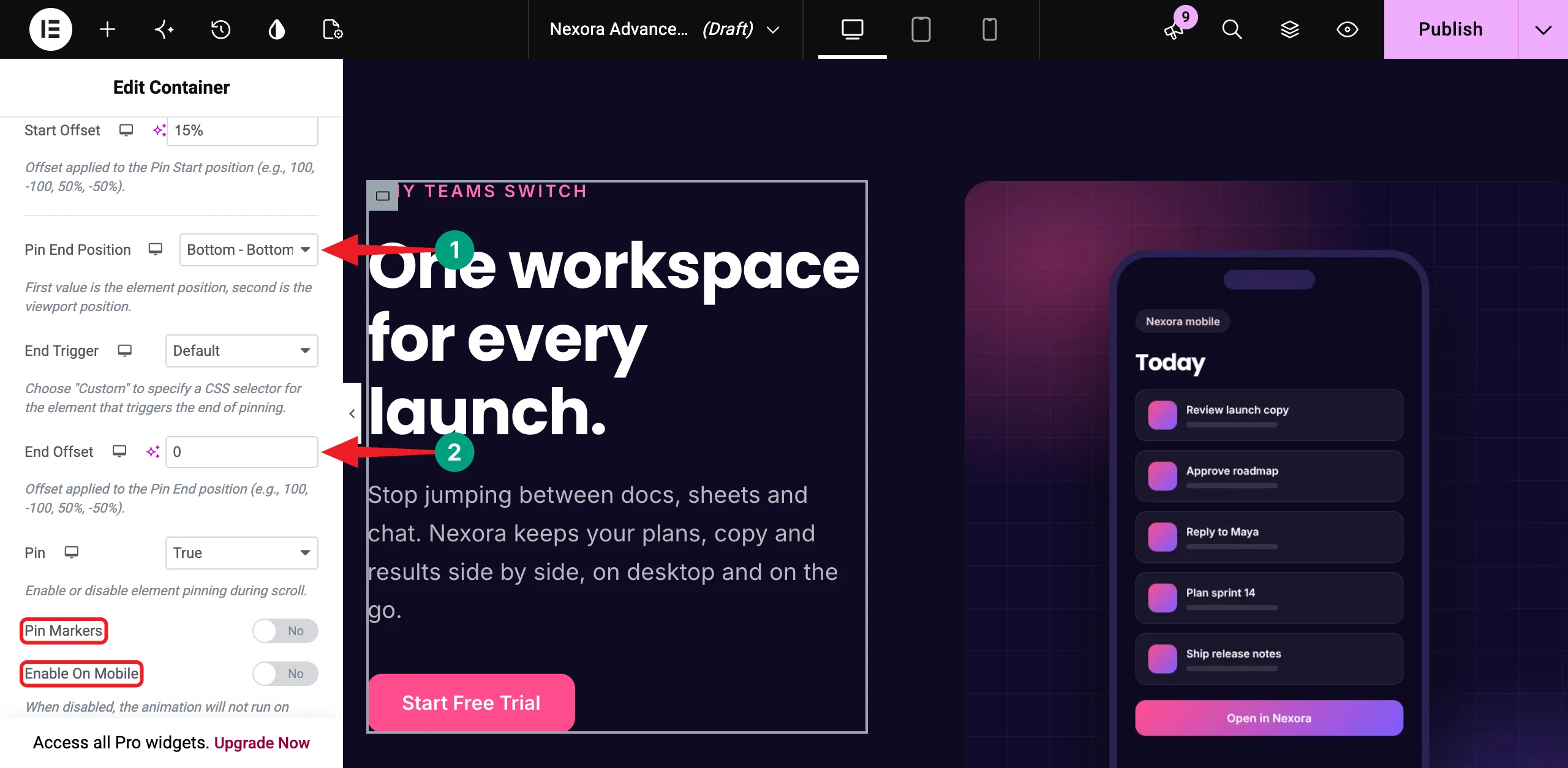 How to Build Advanced Elementor Layouts Without Custom CSS 18 Set where the pinning ends