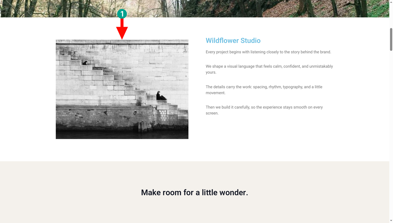 Flower photograph pinned beside the Wildflower Studio story text on the frontend