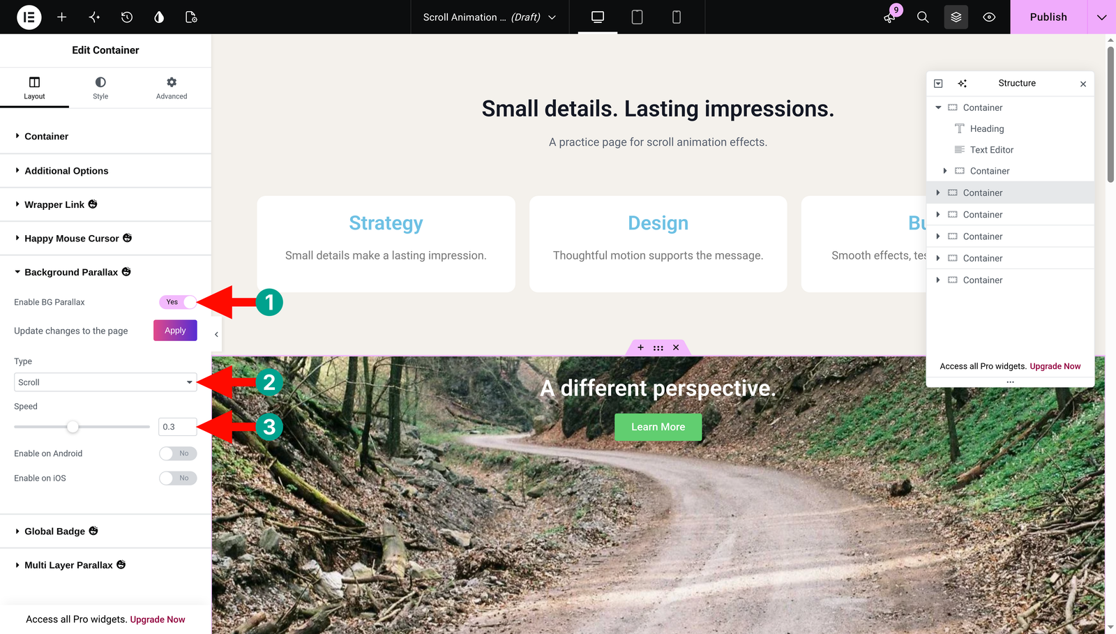 Enable HappyAddons Background Parallax with Scroll type and Speed set to 0.3