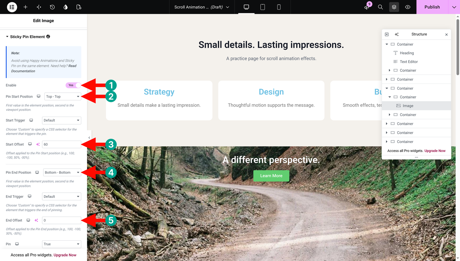 Set HappyAddons Sticky Pin Element to Top - Top start and Bottom - Bottom end with offsets 60 and 0
